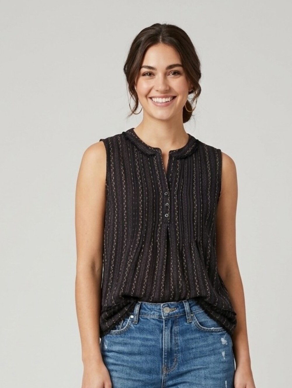 Tribal Black Sleeveless Henley Top with Subtle Stripe Detail